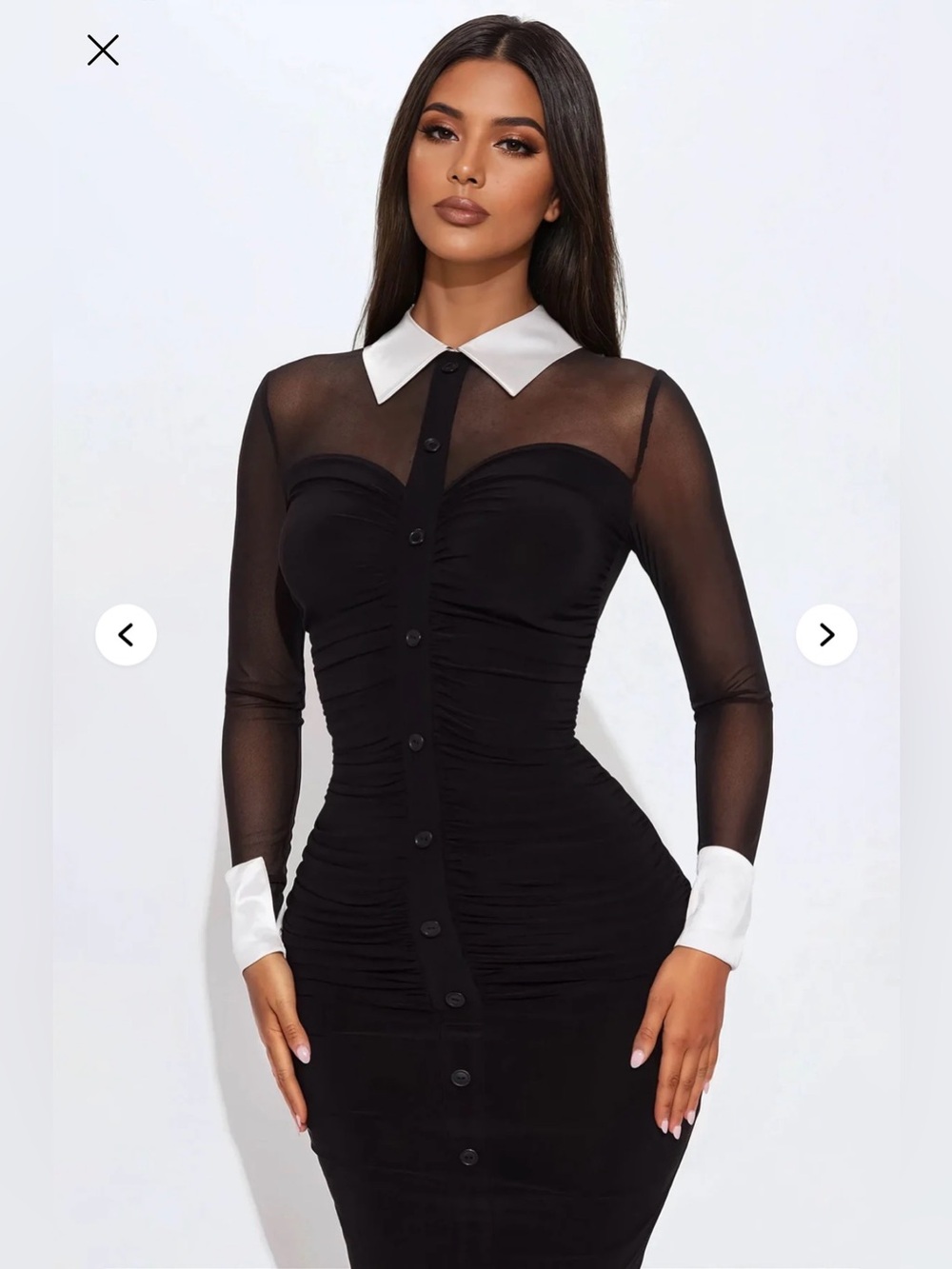 Fashion Nova Black Mesh Ruched Button-Down Midi Dress Satin White Collar & Cuffs